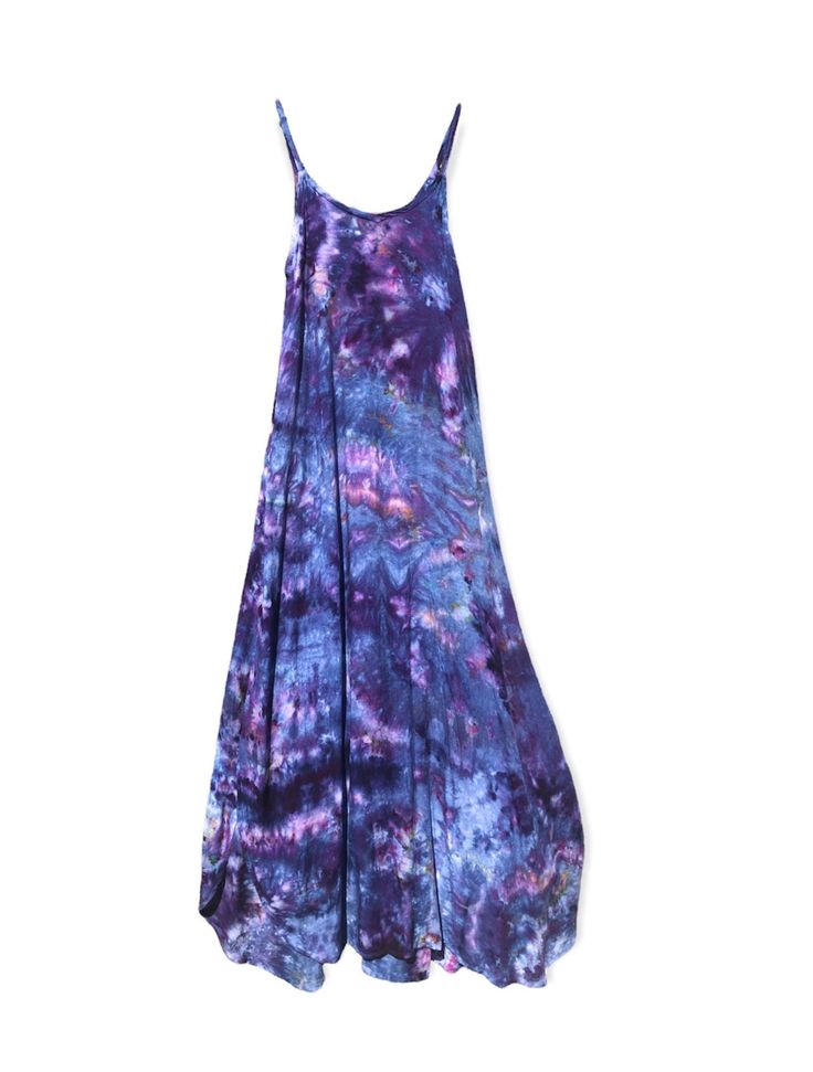 "One of a kind maxi slip dress, individually ice dyed using shibori tie techniques. Maxi dress is made of rayon challis- super lightweight and perfect for summer. Floaty and ethereal, with a U-shaped bottom hem which adds to the movement. Universally flattering fit is a pullover (no closures). Easy pullover fit with a v-neckline. Unlined. Perfect dress for vacation as it's super compact when folded. Hand Wash. Measurements Size Bust Length XS 36 55 S 38 57 M 40 58 L 42 58 XL 46 58 Model is 5'7\" Hand Dyed Maxi Dress, Flowy Hand Dyed Tie Dye Maxi Dress, Flowy Tie-dye Hand Dyed Maxi Dress, Hand Dyed Maxi Length Summer Dresses, Hand Dyed Maxi Dress For Summer, Hand Dyed Maxi Length Dresses For Summer, Casual Hand-dyed Tie Dye Maxi Dress, Flowy Maxi Dress With Natural Dye, Summer Tie-dye Maxi Dress With Natural Dye