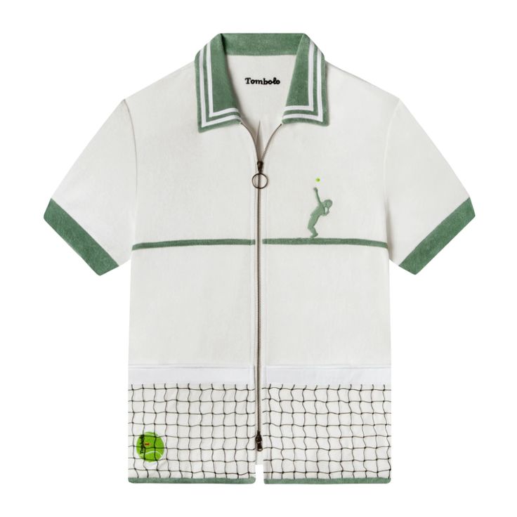 a white and green polo shirt with an embroidered golf ball on the front, along with a tennis racket in the back