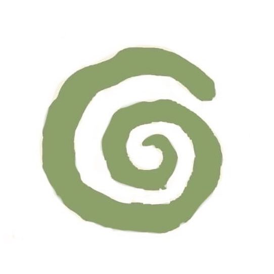 a green and white spiral logo on a white background