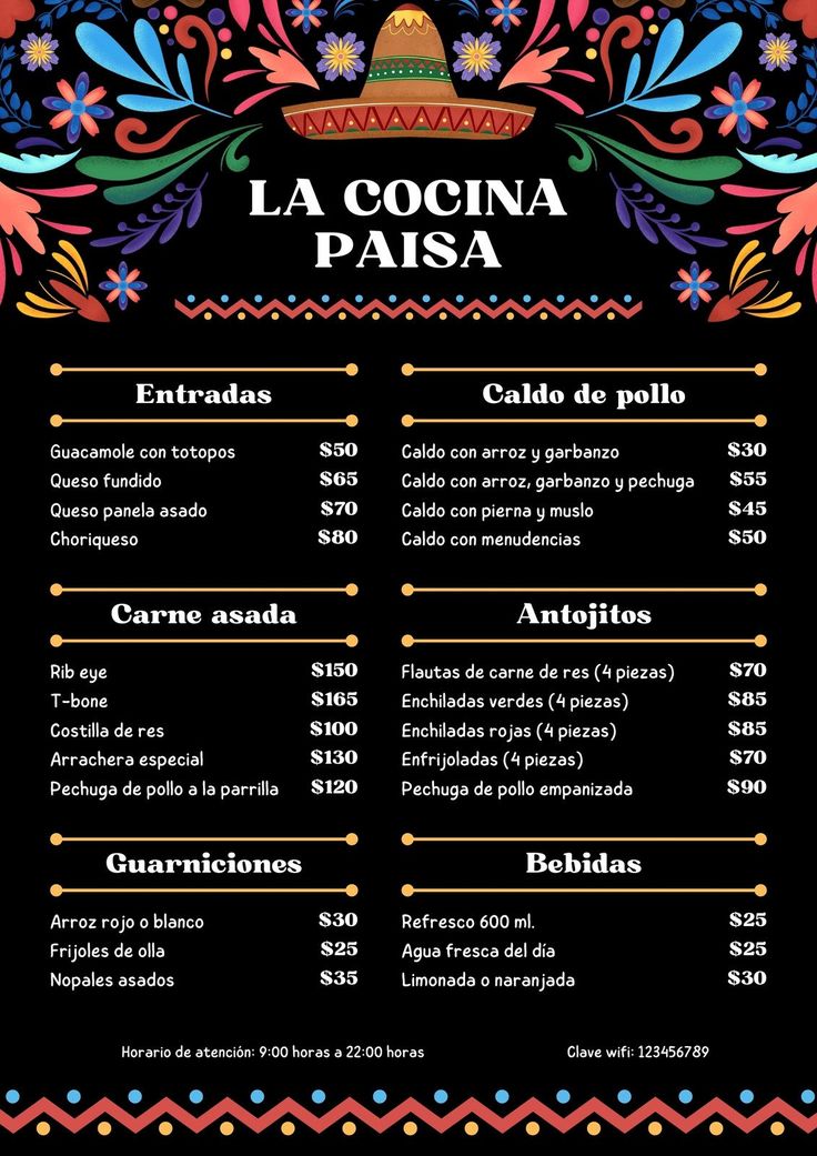 the menu for la cocina pasia, which is available in spanish and english