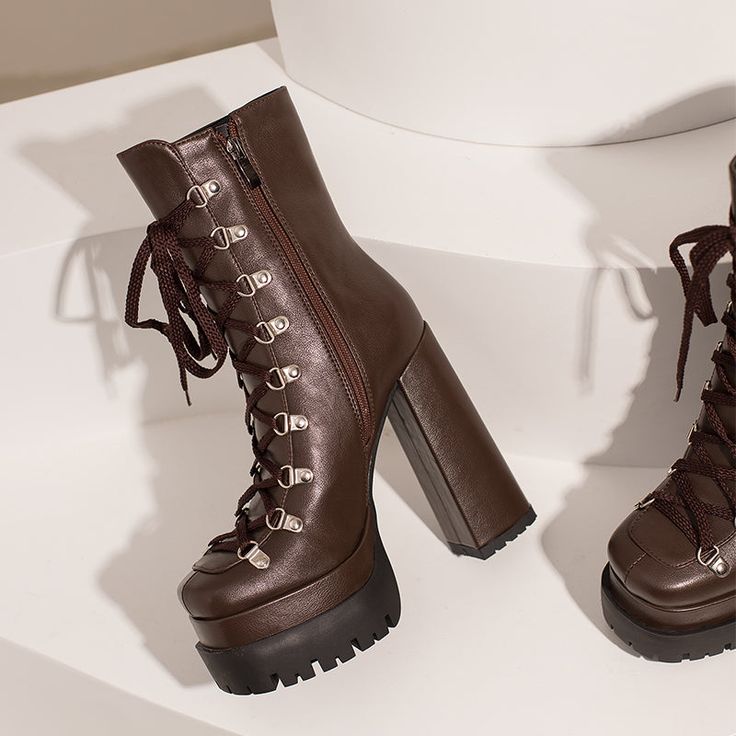 Looking for the perfect pair of boots to add a touch of edge to your outfit? Look no further than our brown platform boots! These lace-up beauties are made with high-quality materials and feature a 5.5'' block heel that will give you a boost of height without sacrificing comfort.Whether you're wearing them with jeans and a tee or a cute dress. these boots are sure to add an element of cool to your look. Plus. they're versatile enough to take you from day to night with ease. So don't wait ââ‚?gra Brown Platform Boots, Brown High Heel Boots, Brown High Heels, Zipper Heels, Outfit Look, Chunky Boots, Peep Toe Heels, Cute Dress, Platform Boots