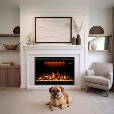 a dog sitting on the floor in front of a fireplace