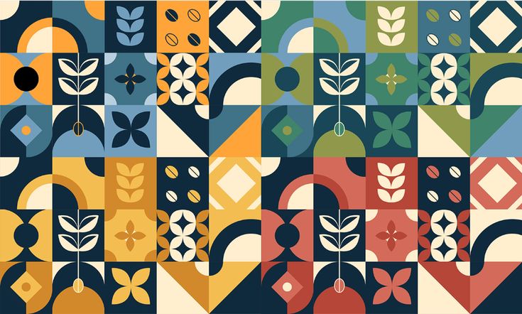 an abstract pattern with many different colors and shapes, including leaves on the top right side