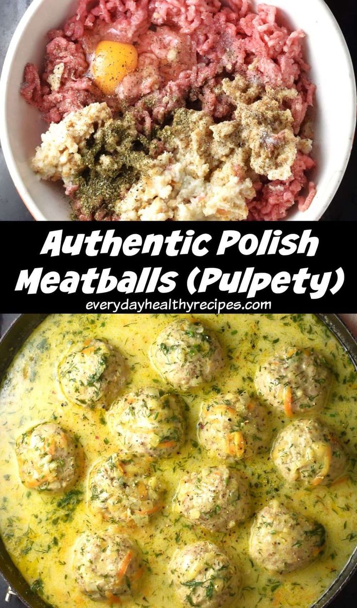 Top down view of meatball ingredients in bowl and Polish meatballs in sauce. Polish Ground Beef Recipes, Polish Onion Rolls, Healthy Polish Food, Polish Meals Traditional, Polish Meatballs And Gravy, Polish Comfort Food, Polish Dishes Recipes, Healthy German Food, Uses For Meatballs