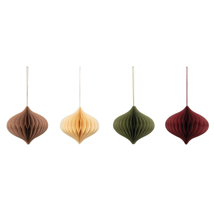 four different colored paper ornaments hanging from strings