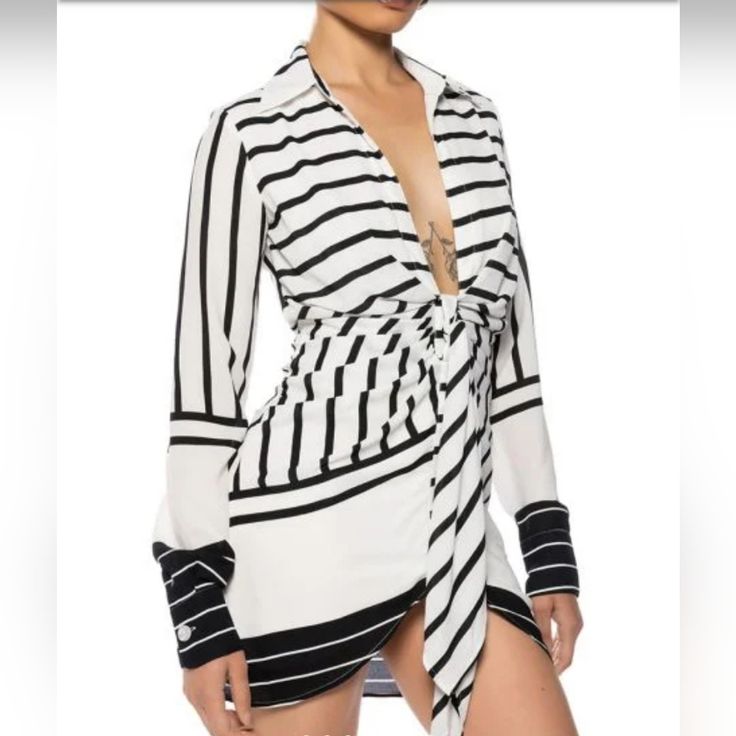 Black And White Shirt Dress Chic Striped Long Sleeve Shirt Dress, Chic Striped Long-sleeve Shirt Dress, Chic Striped V-neck Mini Dress, Striped Fitted V-neck Shirt Dress, Striped V-neck Fitted Shirt Dress, Fitted Striped V-neck Shirt Dress, White Long Sleeve Party Shirt Dress, White Casual Shirt Dress For Night Out, Chic White Shirt Dress