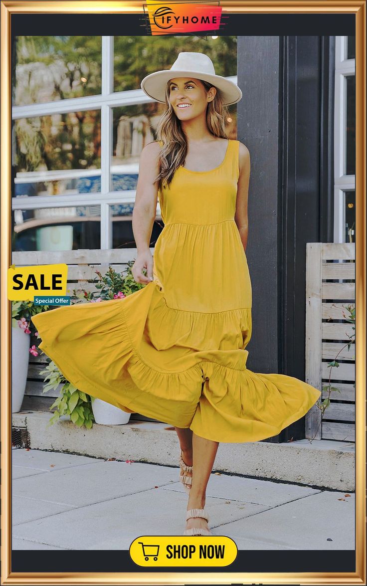 Yellow Sleeveless Ruched High Waist Maxi Dress Sleeveless Dress For Spring Brunch, Solid Sleeveless Maxi Dress For Brunch, Solid Color Tiered Midi Dress For Summer, Flowy Solid Color Sleeveless Sundress, Casual Tiered Sleeveless Dress For Day Out, Casual Sleeveless Dress With Ruffle Hem For Spring, Casual Sleeveless Midi Dress For Brunch, Casual Flowy Sleeveless Dress With Ruffle Hem, Casual Ruched Maxi Dress For Summer