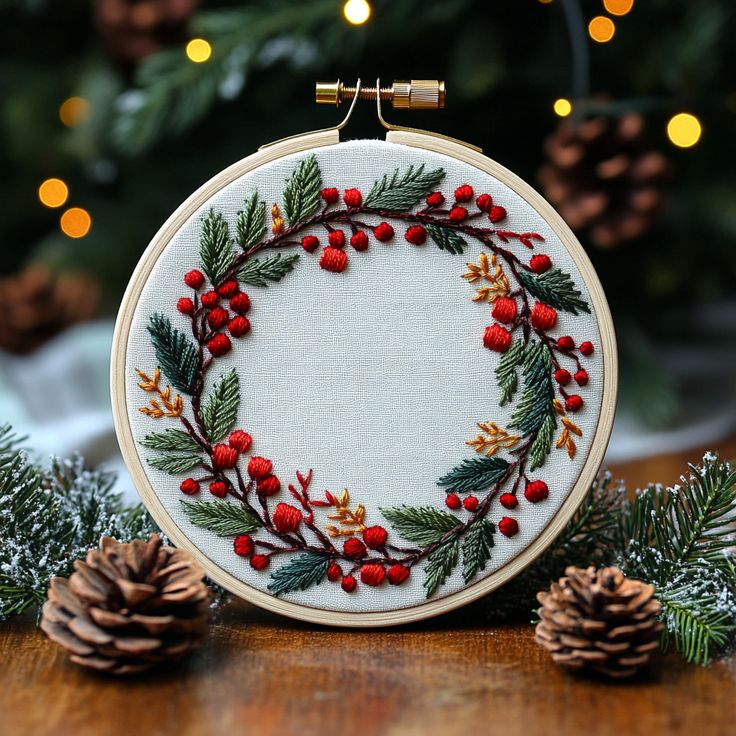 a christmas wreath with red berries and pine cones on a wooden table next to evergreen cones