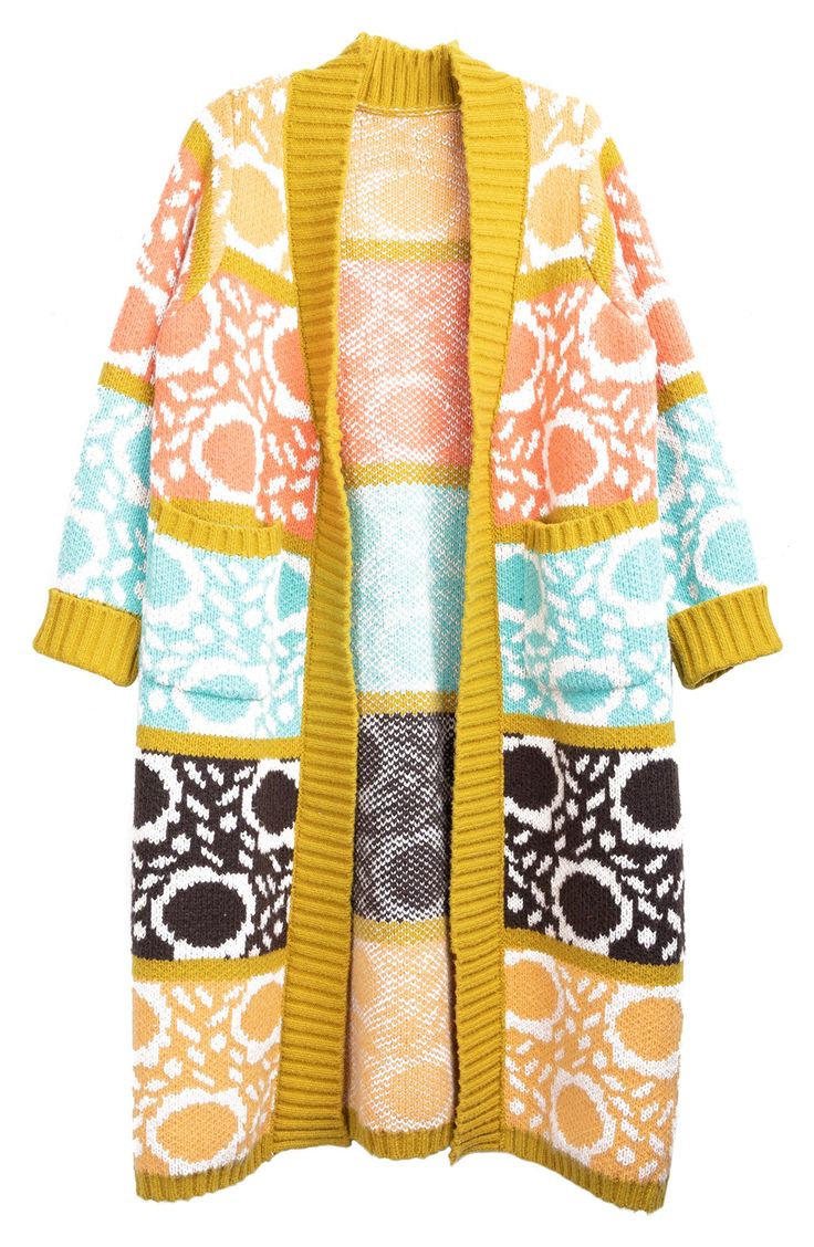 Patterned colorblocking brings boho appeal to this supersoft cardigan flanked by oversized patch pockets. Open front Long sleeves Front patch pockets Ribbed cuffs and hem 100% acrylic Hand wash, line dry Imported Cozy Color Block Outerwear For Layering, Multicolor Knit Color Block Outerwear, Casual Oversized Outerwear With Color Matching, Casual Multicolor Cardigan With Pockets, Multicolor Color Block Outerwear For Layering, Brown Patchwork Sweater For Spring, Casual Multicolor Patchwork Sweater Coat, Multicolor Patchwork Sweater For Layering, Oversized Multicolor Patchwork Sweater