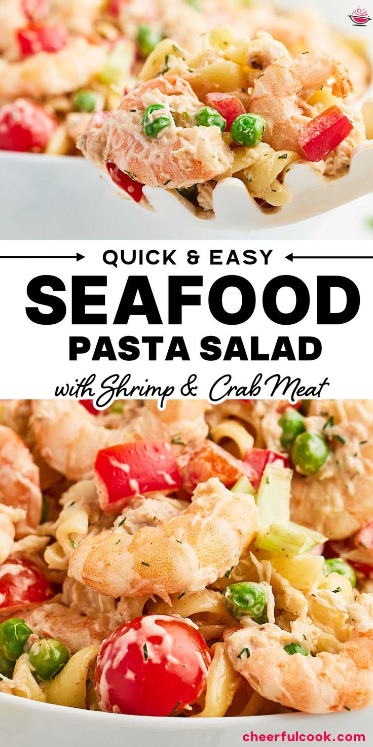 Collage of two closeup images of a Seafood Pasta Salad. Pasta Seafood Salad Recipes, Creamy Seafood Pasta Salad, Chicken And Shrimp Pasta Salad, Shrimp And Crab Pasta Salad Cold, Shrimp Pasta Cold, Sea Food Pasta Salad, Prawn Pasta Salad Cold, Pasta Shrimp Salad Recipes, Crab Meat Pasta Salad