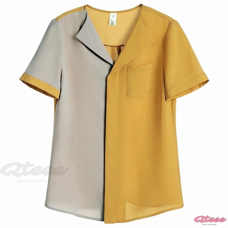 Qteee - Timeless Colorblock Chiffon Blouse for Sophisticated Work Attire Patchwork Short Sleeve Blouse For Layering, Patchwork Short Sleeve Blouse For Work, Summer Workwear Tops With Contrast Color, Casual Spliced Blouse For Work, Yellow Short Sleeve Blouse With Patchwork, Yellow Spliced Tops For Summer, Yellow Spliced Top For Summer, Chic Color Block Blouse For Work, Yellow Summer Tops With Splicing Details