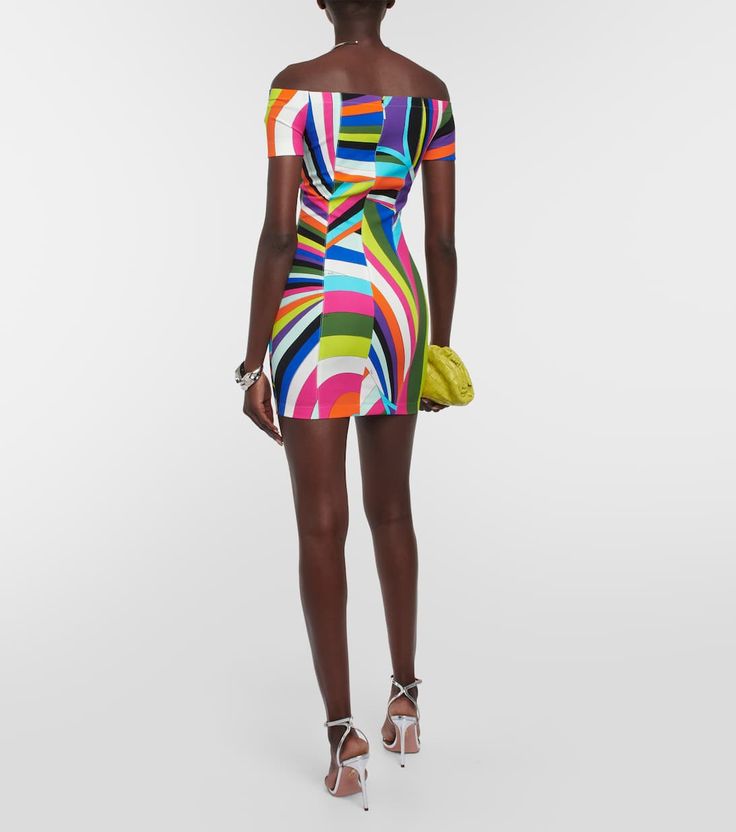 Printed Off Shoulder Mini Dress in Multicoloured - Pucci | Mytheresa Chic Off-shoulder Mini Dress In Elastane, Multicolor Summer Dress With Straight Neckline, Summer Multicolor Dress With Straight Neckline, Chic Fitted Mini Dress With Vibrant Print, Multicolor Summer Bodycon Dress For Evening, Fitted Mini Dress With Vibrant Print For Party, Summer Dress With Straight Neckline In Elastane, Off-shoulder Mini Dress For Party, Summer Dresses With Straight Neckline In Elastane