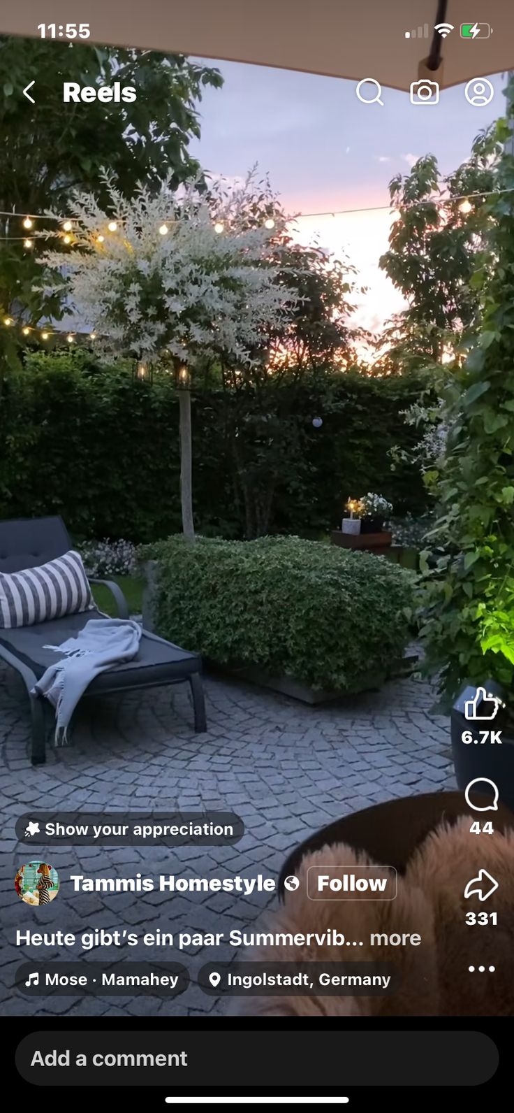 an image of a patio with lights on the trees and bushes in the back yard