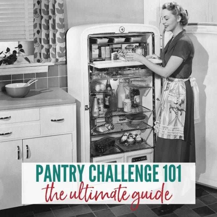 a woman standing in front of an open refrigerator with the words pantry challenge 101 on it