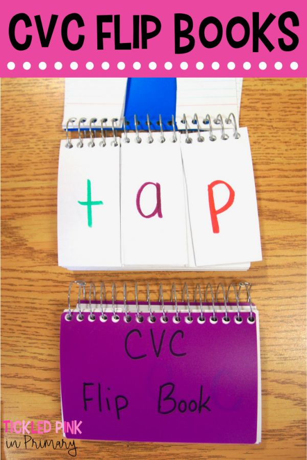 two notebooks with the words cvc flip books written on them