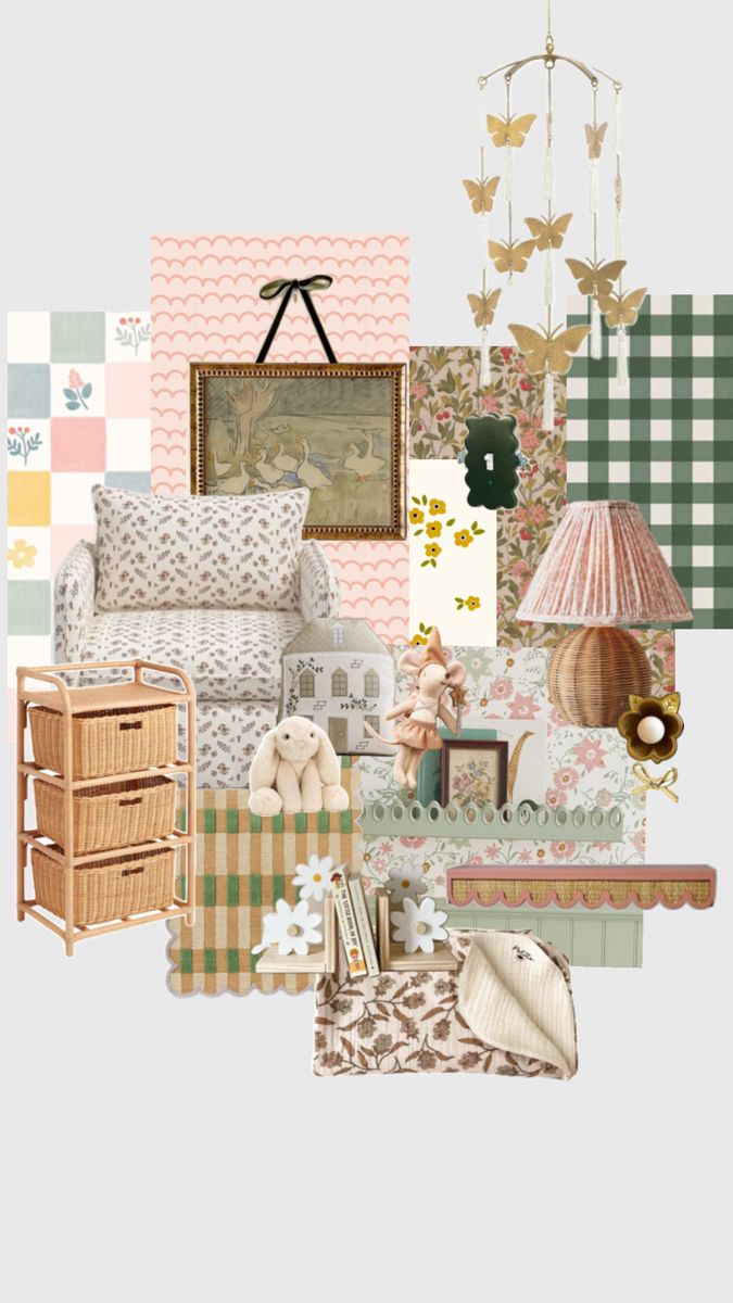 a collage of furniture and decor in pastel colors