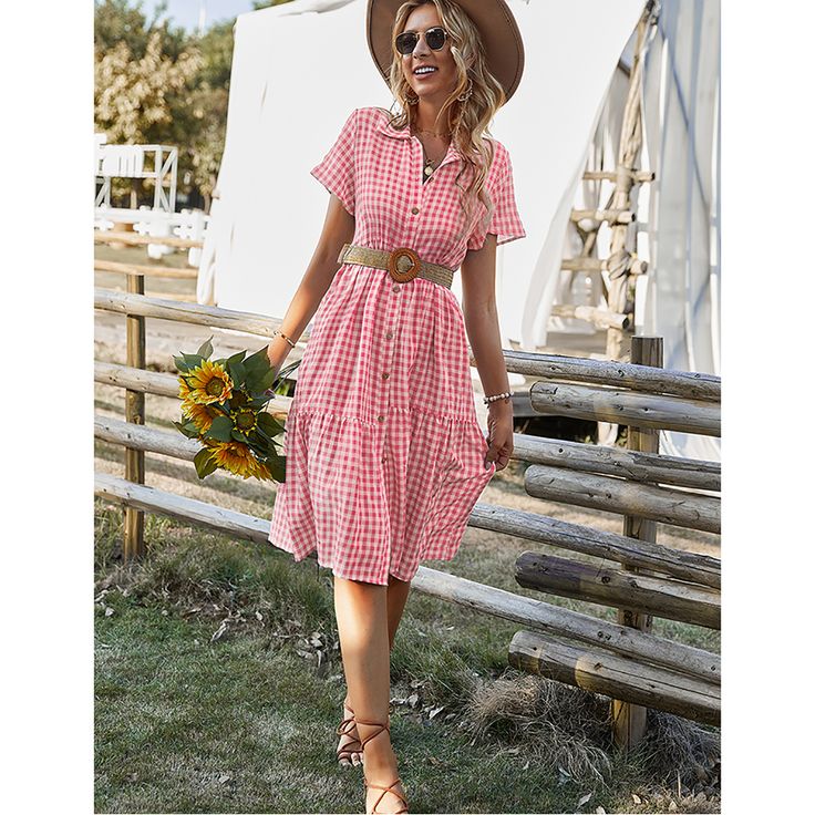 Pink Plaid Print Button Shirt Casual Dress Casual Red Shirt Dress For Summer, Casual Dress With Button Closure For Picnics, Casual Dresses With Button Closure For Picnic, Casual Dress With Button Closure For Picnic, Summer Midi Shirt Dress With Buttons, Button Closure Dress For Picnic, Spring Vacation Dresses With Placket, Summer Knee-length Dress With Placket, Red Shirt Dress For Summer Vacation