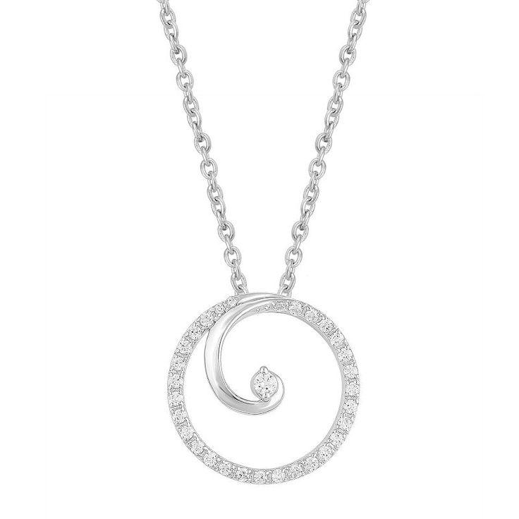 Simple, yet elegant, this diamond swirl pendant completes your look in style. Simple, yet elegant, this diamond swirl pendant completes your look in style.Click on this JEWELRY & WATCHES GUIDE to learn about fit, styles, materials and more! Metal: sterling silver Chain length: 18 in. Packaging: boxed Finish: polished Chain type: cableDIAMOND DETAILS Total weight: 1/5 ct. Color grade: I-J Clarity: I2-I3 Shape: round brilliant Setting: prong Gemstones may have been treated to enhance their appeara Elegant Swirl Necklace For Gift, Elegant Swirl Necklace For Gifts, Elegant Sterling Silver Swirl Necklace, Elegant Spiral Jewelry With Diamond Accents, Formal Spiral Diamond Jewelry, Spiral Diamond Jewelry For Anniversary, White Gold Jewelry With Brilliant Cut In Spiral Shape, White Gold Spiral Jewelry With Brilliant Cut, Spiral White Gold Jewelry With Brilliant Cut