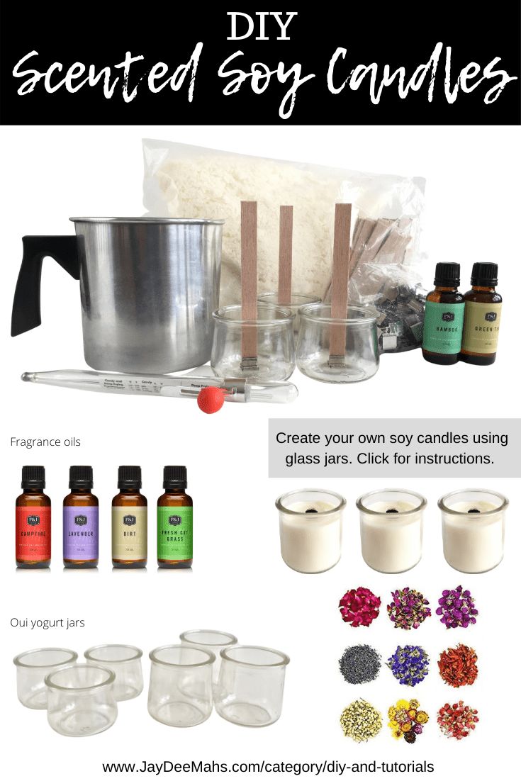 the contents of a candle making kit including candles, glass jars and other essentials