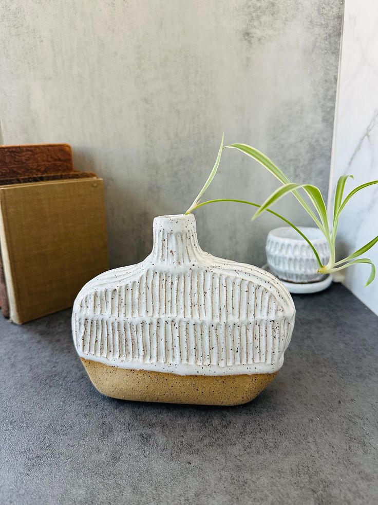 a white vase sitting on top of a table next to a box with a plant in it