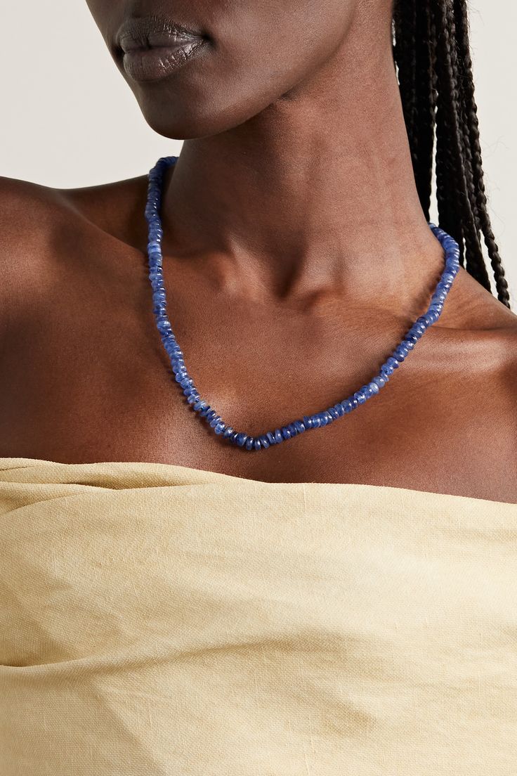 Sorellina's necklace has a diamond-dusted clasp, so you can attach a favorite pendant or leave it solo for a more pared-back look. It's made from 18-karat gold and strung with vibrant kyanite beads believed to bring clarity to their wearer. Elegant Faceted Sapphire Necklaces, Elegant Sapphire Faceted Necklace, Elegant Faceted Sapphire Necklace, Elegant Tanzanite Jewelry With Gemstone Beads, Elegant Tanzanite Gemstone Bead Necklaces, Elegant Tanzanite Gemstone Bead Necklace, Elegant Tanzanite Beaded Necklace, Classic Tanzanite Gemstone Necklaces, Fashion Moodboard