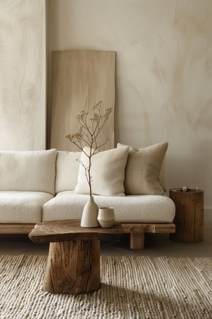 a living room with a white couch and wooden table