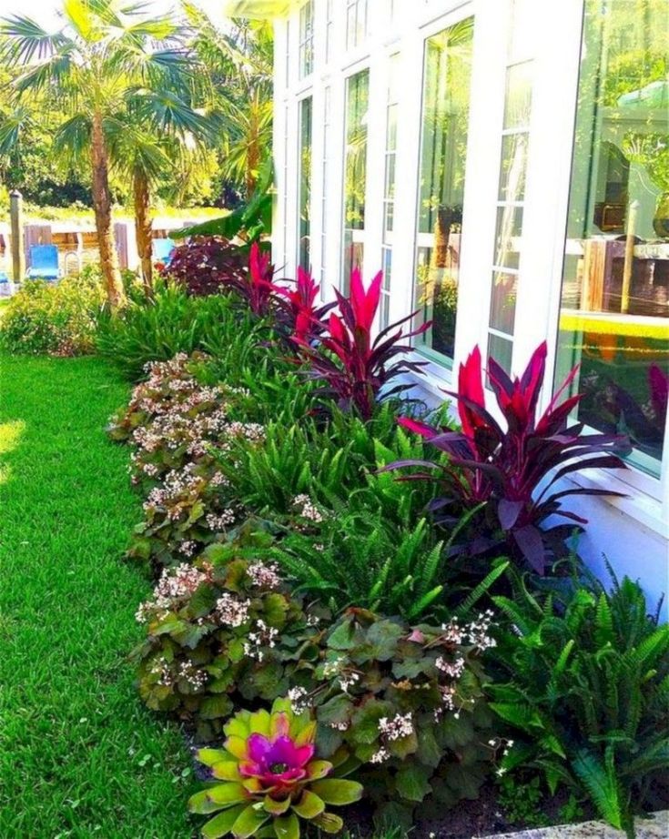 some plants and flowers in front of a window on the side of a building with white trim