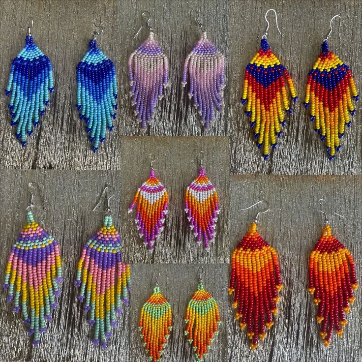 six pairs of beaded earrings are shown in different colors and shapes, each with an individual's own dangling earring