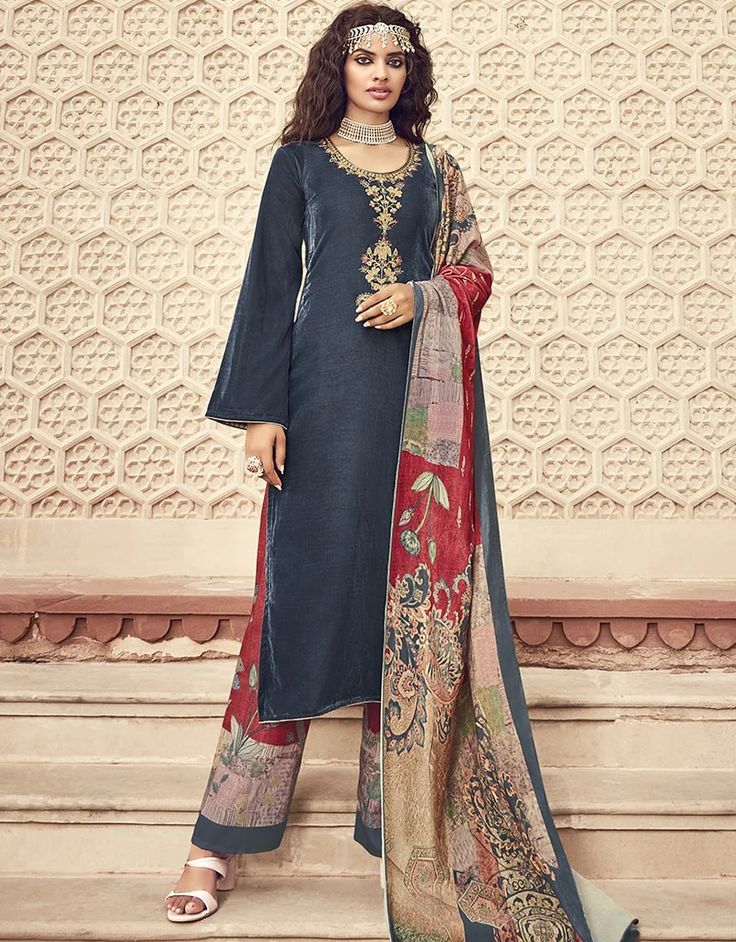 Bluish Grey Palazzo style Suit Velvet