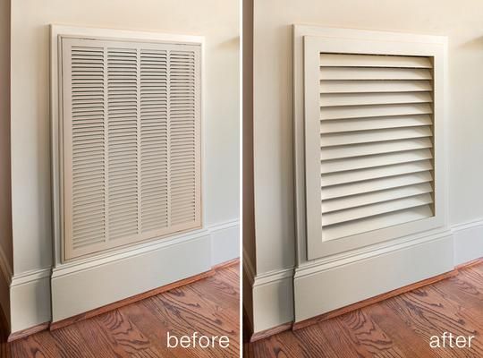 before and after shots of a wall heater in an empty room with wood flooring