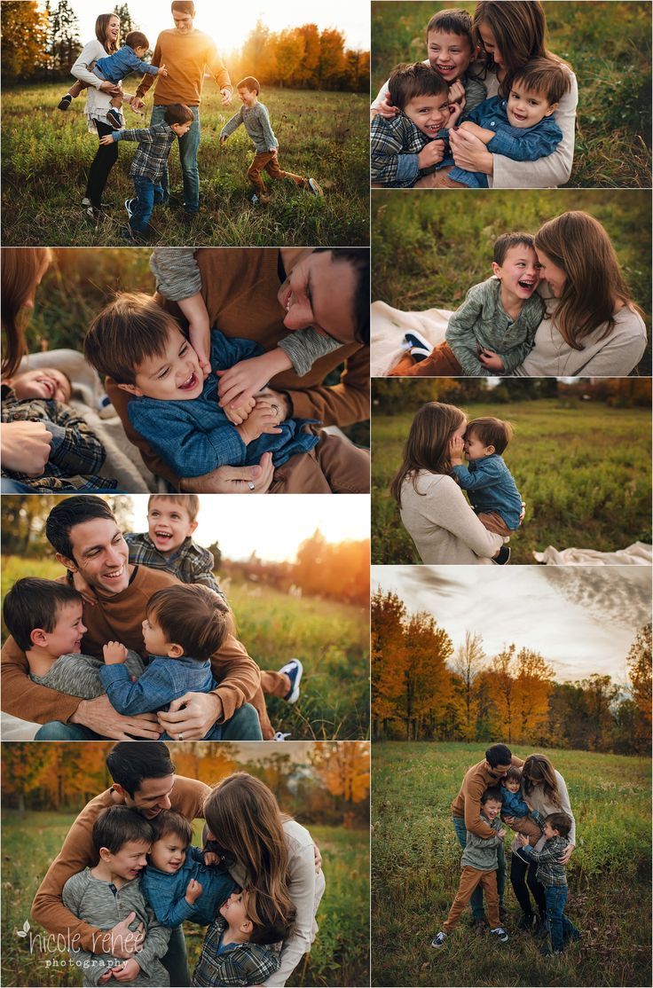 a collage of people hugging and kissing each other in a field with the sun setting behind them