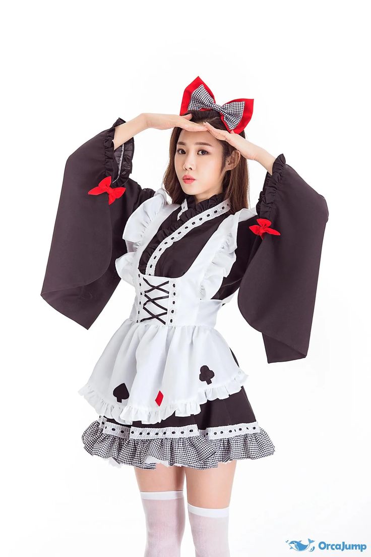 Orcajump - Japanese maid of the Wabi-sabi maid Moe four-piece large-sleeved kimono - Final Sale White Harajuku Costume Party Sets, White Harajuku Style Costume Sets, White Harajuku Style Costume Party Sets, Harajuku Style Black Costume Set, White Harajuku Sets For Costume Party, Black Long Sleeve Costume Sets, Harajuku Style Costume Sets, White Harajuku Sets For Cosplay Events, White Long Sleeve Costume Party Set