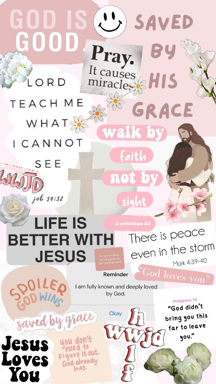 a collage of different types of stickers on a pink background with words that say god is saved by grace and jesus loves you