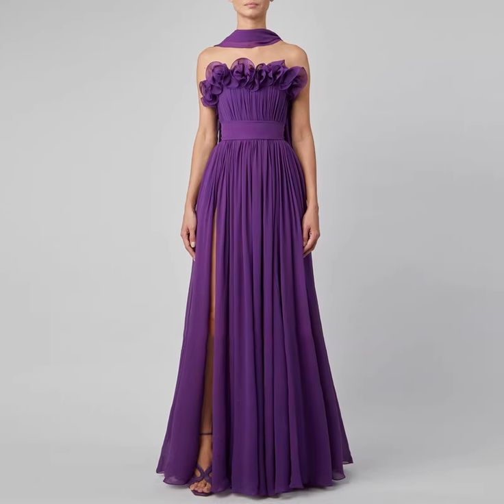 RAKEC Ruffled Slip Evening Dress Gown Luxury Ball Gown Maxi Dress, Chic Chiffon Dress For Banquet, Pre-draped Maxi Cocktail Dress, Elegant Maxi Gown With Ruffles, Elegant Maxi Length Gown With Ruffles, Chic Maxi Banquet Dress, Chic Maxi Length Banquet Dress, Pre-draped Maxi Evening Dress For Banquet, Chic Evening Gown For Banquet