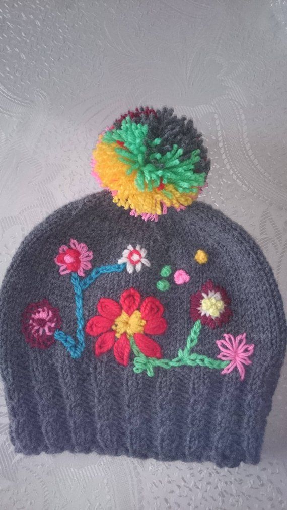 Knit wool beanie, Winter knit hats, Knitted winter caps, Floral embroidery, Pompon beanie, Winter fa Winter Embroidered Beanie, One Size Fits Most, Winter Embroidered Beanie One Size Fits Most, Winter Embroidered Beanie One Size, Cute Acrylic Beanie Hat, Gray Knitted Beanie Cap, Whimsical Hand Knitted Beanie Bonnet, Knitted Acrylic Beanie Cap, Whimsical Hand-knitted Beanie Bonnet, Acrylic Knitted Beanie Cap