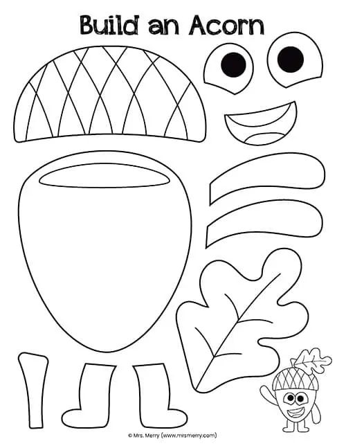 a coloring page with the words build an acorn in front of it and a cartoon character