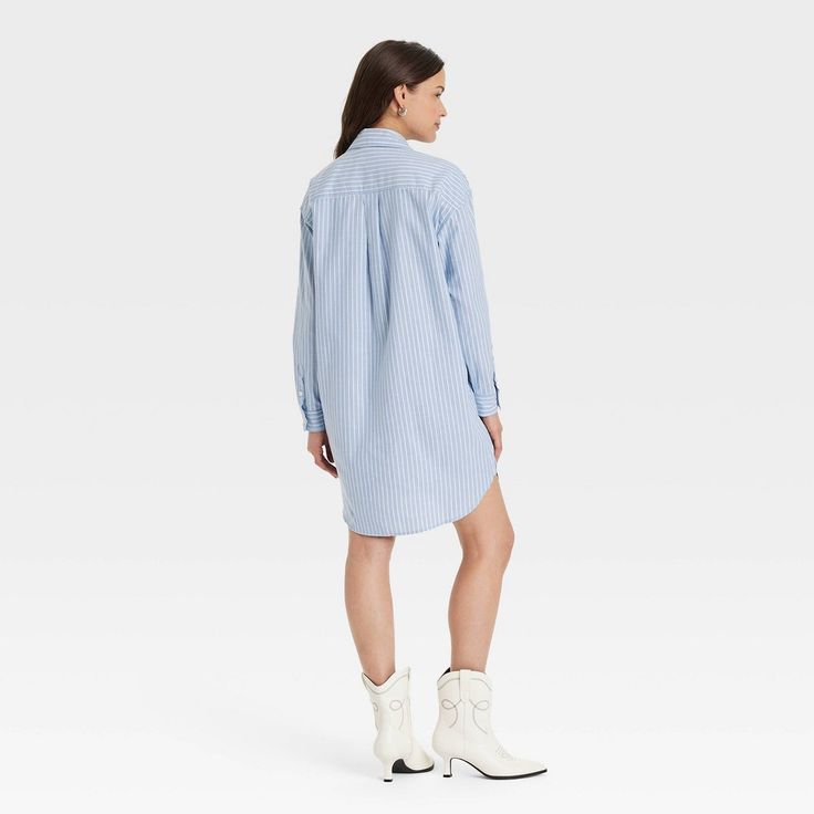 You'll be ready to take on off-duty days in cool style with this Long-Sleeve Mini Shirtdress from Universal Thread™. Made of lightweight cotton-linen fabric, the mini dress is tailored with a collared neckline featuring a full-length button placket down the front, long sleeves with buttoned cuffs, a box-pleat back yoke and a shirttail hem. A chest patch pocket and side pockets complete the look with functional flair. Keep it casual with sneakers, or dress things up a bit with your go-to accessor Relaxed Fit Long Sleeve Casual Shirt Dress, Casual Long-sleeved Shirt Dress Relaxed Fit, Casual Long Sleeve Shirt Dress Relaxed Fit, Blue Collared Relaxed Fit Shirt Dress, Blue Relaxed Fit Collared Shirt Dress, Casual Long Sleeve Shirt Dress For Spring, Blue Collared Shirt Dress With Relaxed Fit, Blue Cotton Shirt Dress With Pockets, Blue Relaxed Fit Shirt Dress With Placket