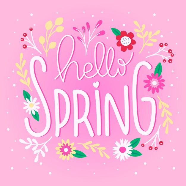 the words hello spring are surrounded by flowers and leaves on a pink background with polka dots