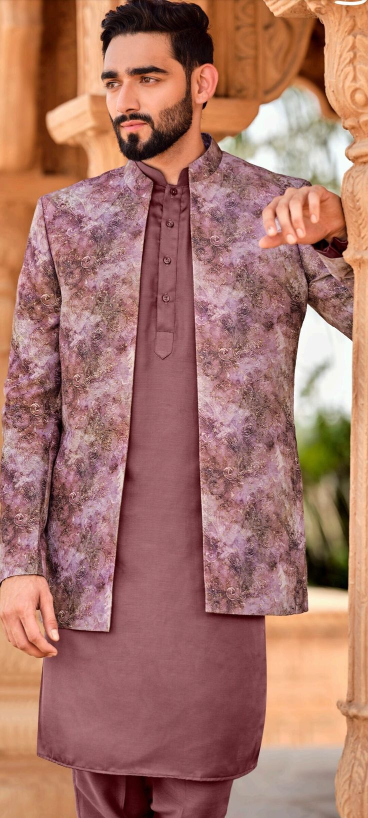 Details : Color- Rose gold Any Color you may ask for...(only one color)  Fabric - fancy Fabric  Work Details -self  Bottom Details Color Rosegold-- Pants Package Include : Top , Bottom,, All others accessories are for photography purpose only . Just the Top and bottom available . Color variation may be there slightly , due to computer resolution and camera . Fitted Sherwani With Sheer Dupatta For Eid, Festive Gold Sherwani With Sheer Dupatta, Traditional Fitted Sherwani With Sheer Dupatta, Brocade Kurta For Eid Reception, Brocade Kurta For Reception And Eid, Festive Sherwani With Sheer Dupatta For Reception, Gold Floor-length Sherwani For Eid, Party Sherwani With Self Design And Fitted Style, Festive Purple Sherwani With Zari Work