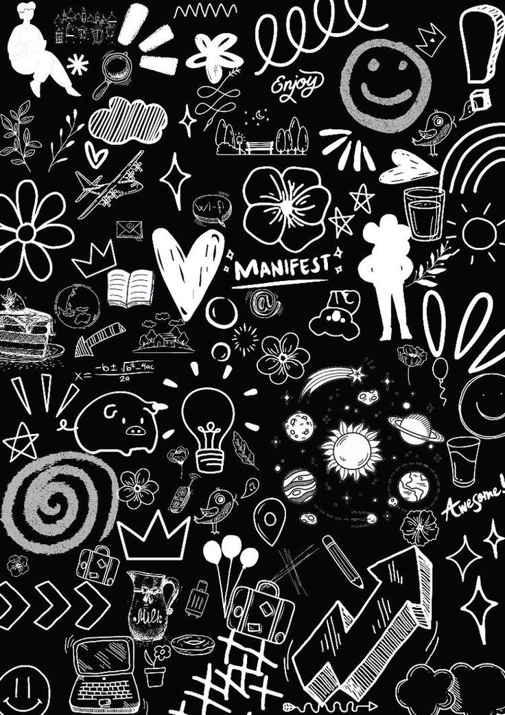 a black and white drawing of many different things