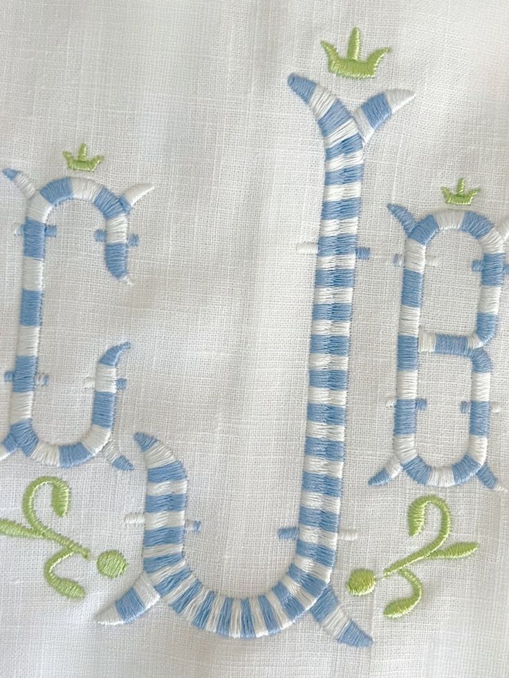 the letters are made up of blue and white fabric with green trimmings on them