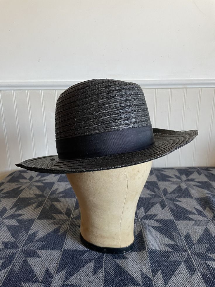 "Authentic Black Amish Straw Wide Brim Hat. Made in U.S.A. Center dent crown Fedora - Long Oval Park Plaza Hat - Superior Quality Amish Flicker-Braid From Indiana Amish community. Size 6 3/4 54 Inside headband measurement is 20 3/4\"." Vintage Curved Brim Hat For Travel, Vintage Brimmed Travel Hat, Vintage Fedora Hats For Travel, Black Fedora Panama Hat For Travel, Classic Black Hat For Travel, Classic Black Travel Hat, Vintage Brimmed Fedora For Travel, Black Brimmed Panama Hat For Travel, Vintage Flat Brim Fedora For Travel