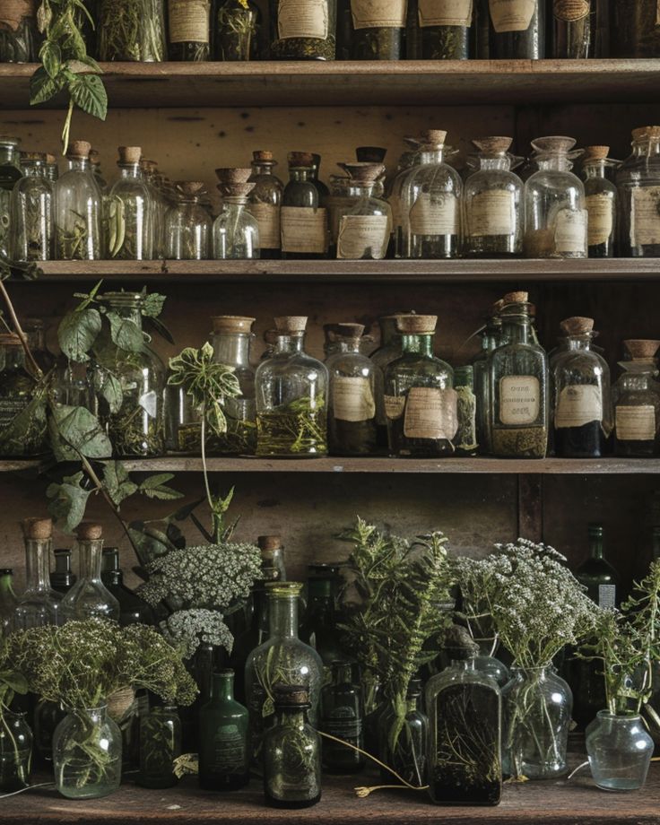 an assortment of herbs and bottles on shelves