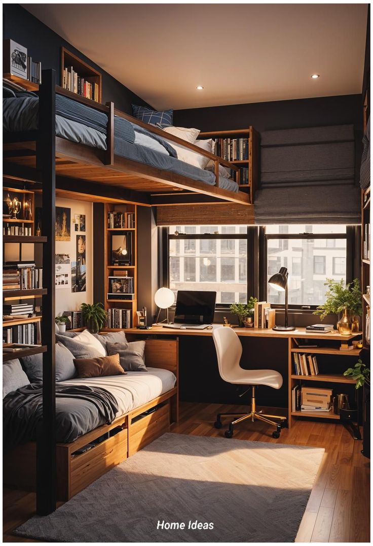 a bedroom with bunk beds, desk and bookshelves in the middle of it