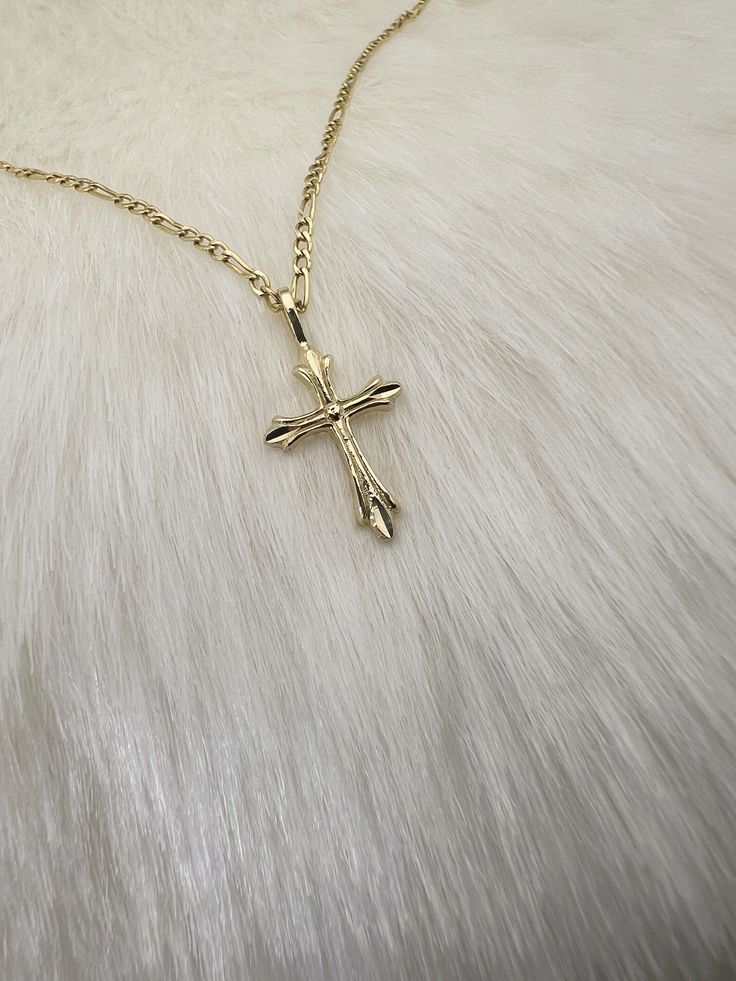 14k Solid Yellow Gold Cross Of Jesus Necklace, Christian Jesus Christ God Religious Bible Pendant! 1 Cross Charm, Ichthys Pendant. Solid 14k gold, 3D Cross Of Jesus. Dimensions: 20.4mm x 10.7mm Diamond Cut finish for a radiant shine. Question? Please don't hesitate to contact me. *Wholesale or Custom* Wholesale: The more you buy, cheaper goes the price. Custom: Unique pieces to fit your very own style. (Different Color Gold) Contact Me for more information. Gold Crucifix Necklace In 14k Gold, Gold Crucifix With Figaro Chain Jewelry, Gold Pendant Jewelry With Figaro Chain, Gold Cross Necklace For Formal Occasions, Gold Spiritual Cross Necklace In 14k, Yellow Gold Plated Crucifix Jewelry, Gold Crucifix Jewelry Gift, 14k Gold Tarnish-resistant Cross Pendant Necklace, 14k Gold Tarnish Resistant Pendant Cross Necklace