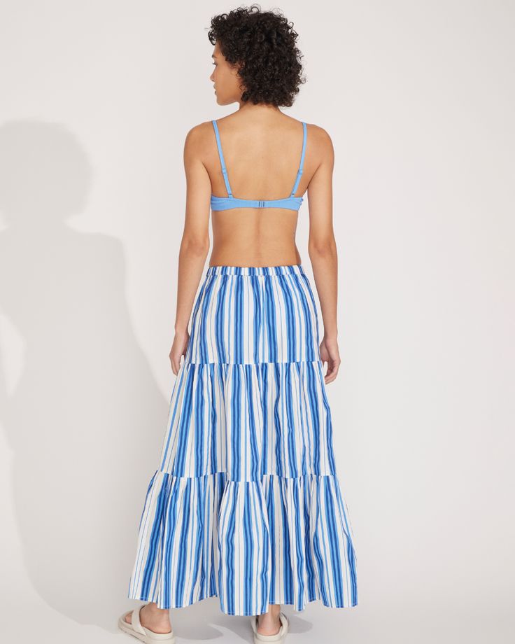 Effortless and lightweight, The Addison Skirt was made for your next destination. This maxi skirt features an elastic waistband to fit either high or low-waisted. Pair it with The Naomi Top for a coordinated look. One Piece Top, Solid And Striped, Marina Blue, Sofia Richie, Solid & Striped, Low Waisted, Matching Dresses, Blue Stripes, Knit Dress