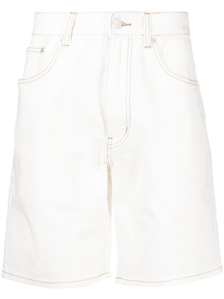 white cotton denim contrast stitching belt loops front button and zip fastening classic five pockets straight leg Classic White Shorts With Belt Loops, Spring Shorts With Contrast Stitching, Denim Shorts With Contrast Stitching, Spring Bottoms With Contrast Stitching, Short Length, Spring Bottoms With Contrast Stitching In Short Length, White Relaxed Fit Bottoms With Contrast Stitching, Casual White Jean Shorts With Belt Loops, White Cotton Jean Shorts With Belt Loops, White High Waist Jean Shorts With Belt Loops