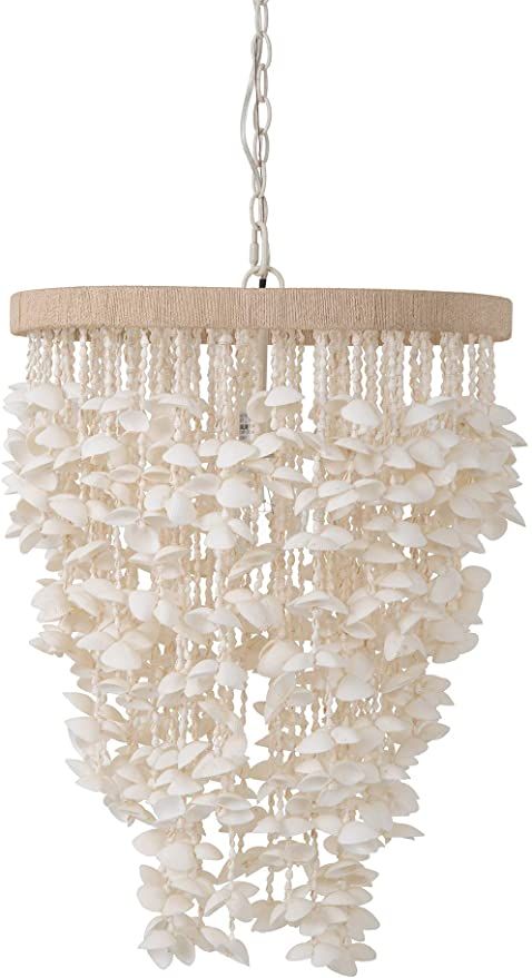 a chandelier with white shells hanging from it's sides and a light fixture in the middle