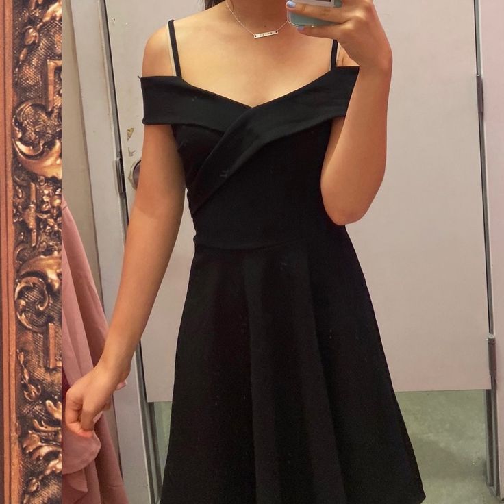 New Great Condition Off-shoulder Fit And Flare Party Dress, Fit And Flare Off-shoulder Party Dress, Black Fit And Flare Flirty Dress, Flirty Fit And Flare Black Dresses, Flirty Black Fit And Flare Dress, Flirty Off-shoulder Black Dress, Fashion Inspiration Design, Asymmetrical Dress, Skater Dress