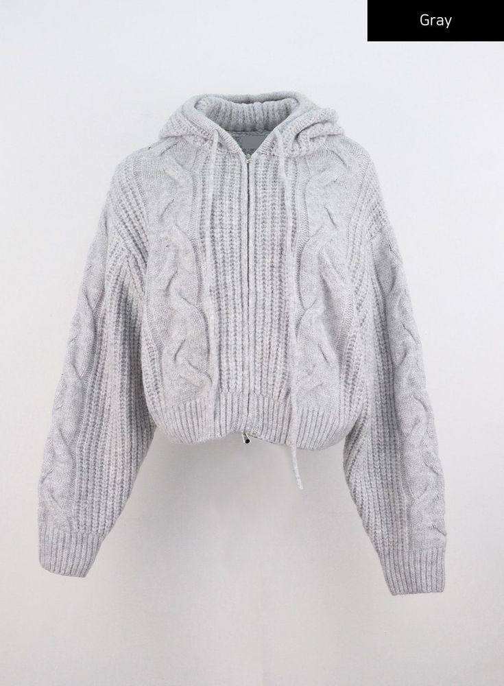 cable-knit-hooded-zip-up-sweater-co306 / Gray Knit Hoodie, Detail Shop, Wardrobe Style, Wide Pants, Zip Up Sweater, Shopping Items, Cute Sweaters, Sweater Design, Casual Hoodie